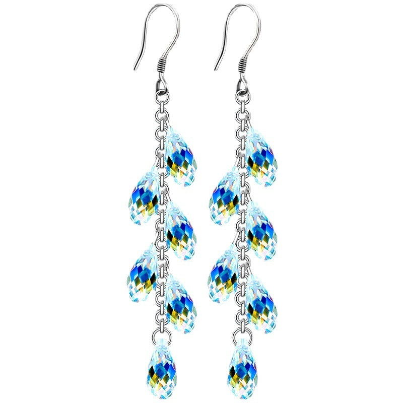 Wholesale Pearl Curtain Silver Needle Crystal Long Water Drop Tassel Earrings